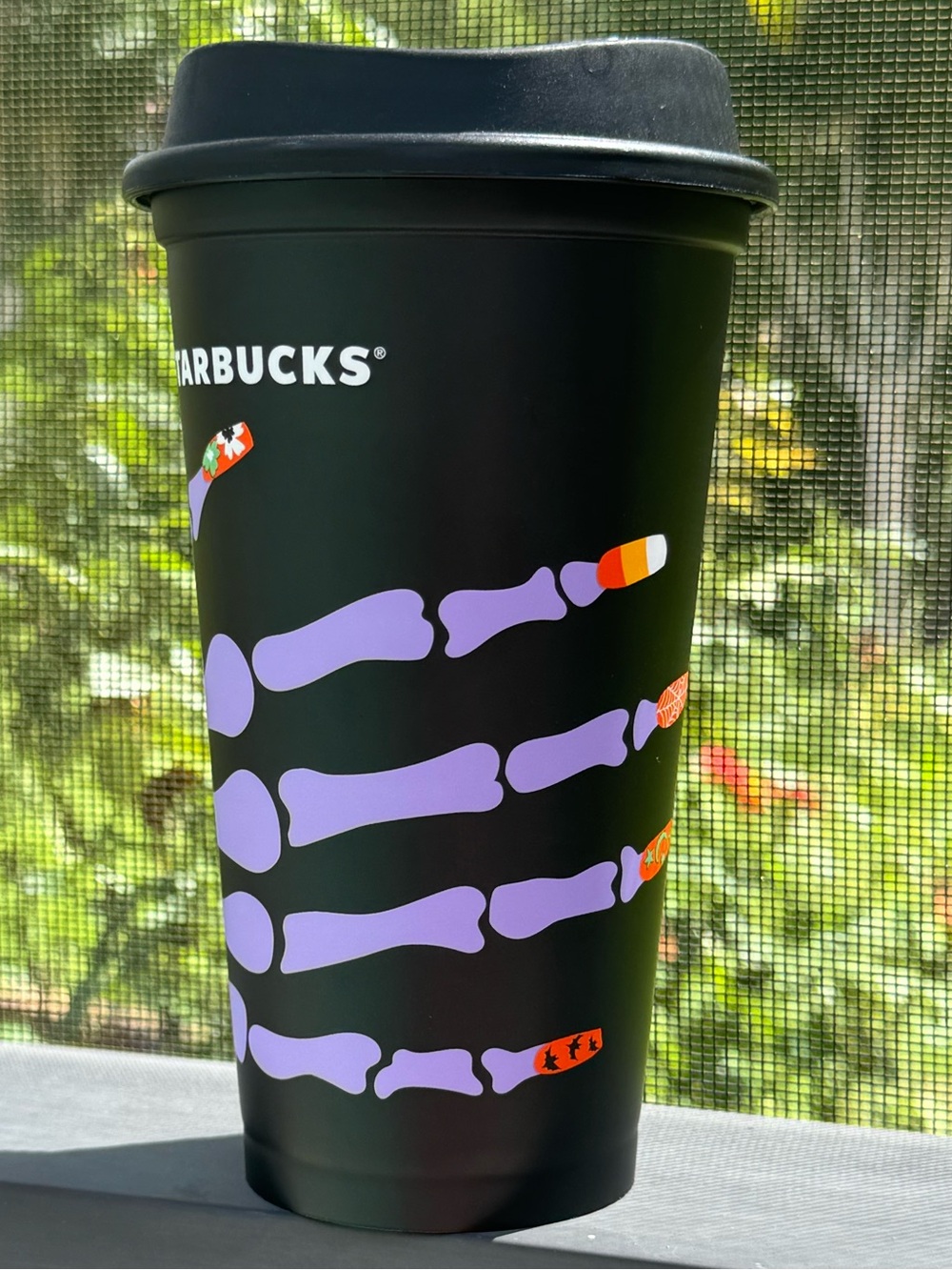 Starbucks Halloween Skeleton Nails Black Reusable Hot Cup Tumbler 16 oz
